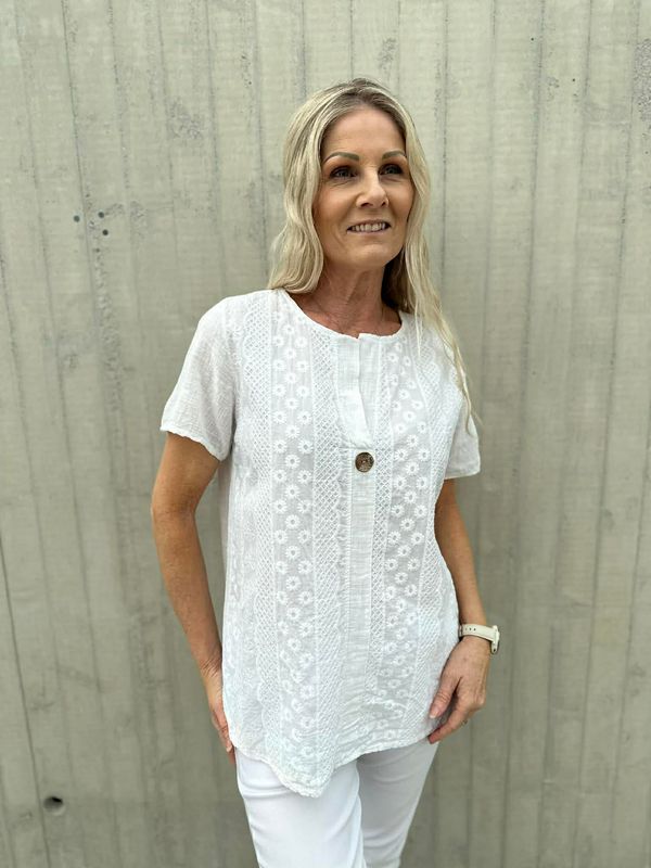 Linda Bluse Broderi & Knapp Hvit